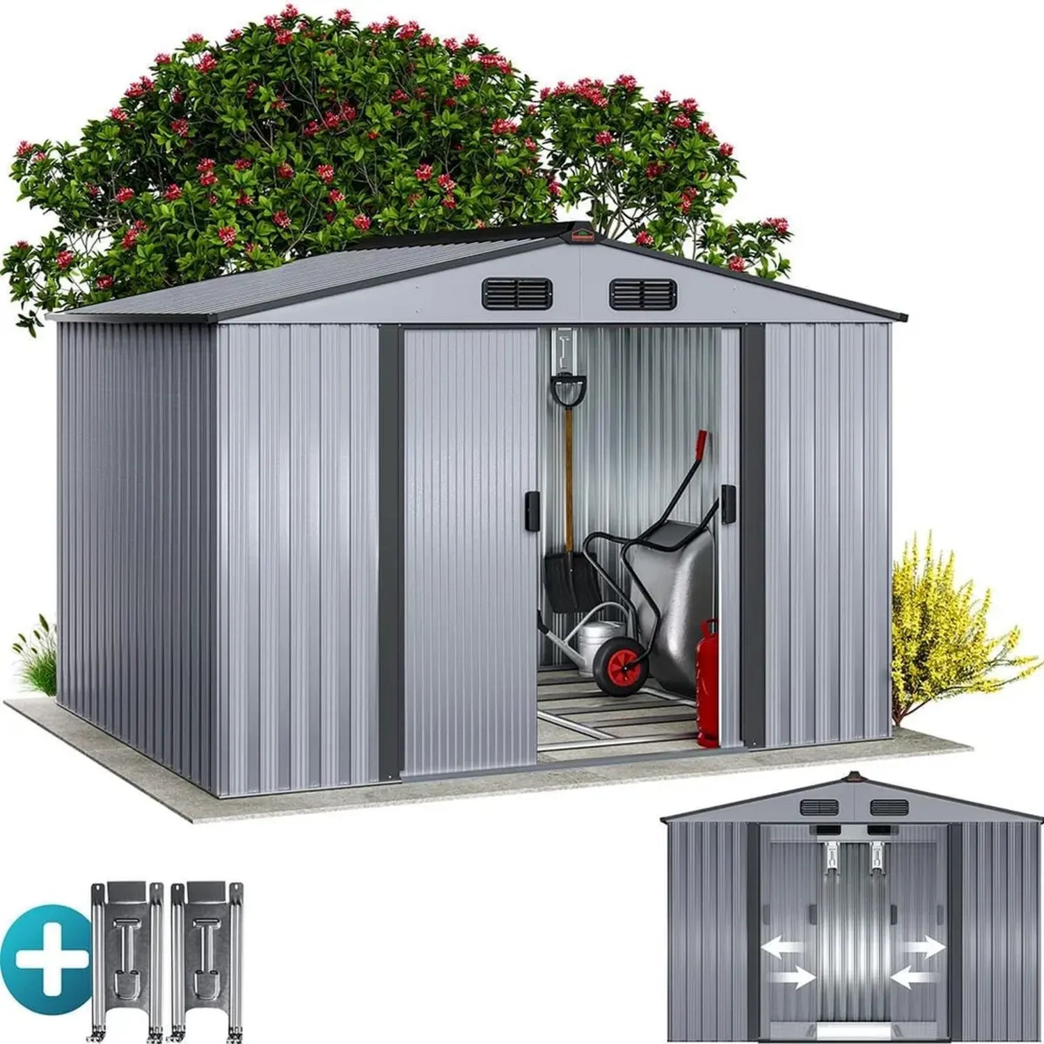 Großes Metallgerätehaus 5m² mit Fundament und Schiebetür, Metallic-Grau, 260x205x180cm