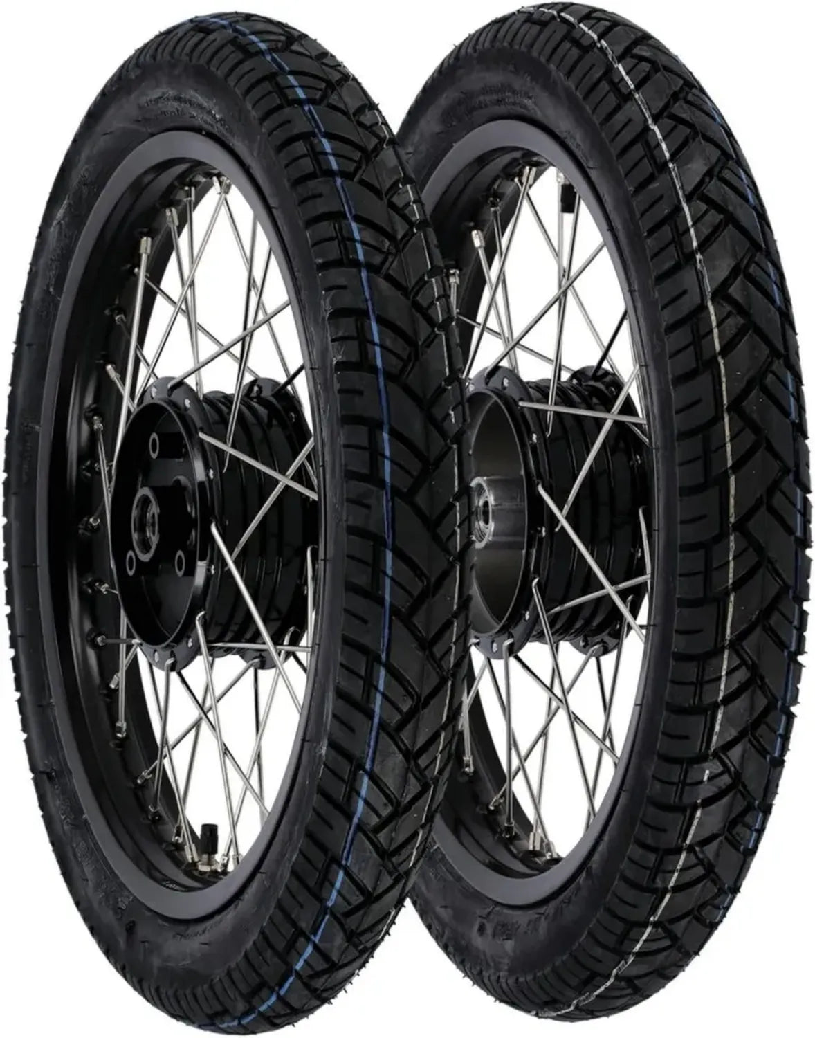 2 Kompletträder 16 Zoll, Schwarz eloxierte Felge mit Edelstahl-Speichen und Vee Rubber Reifen