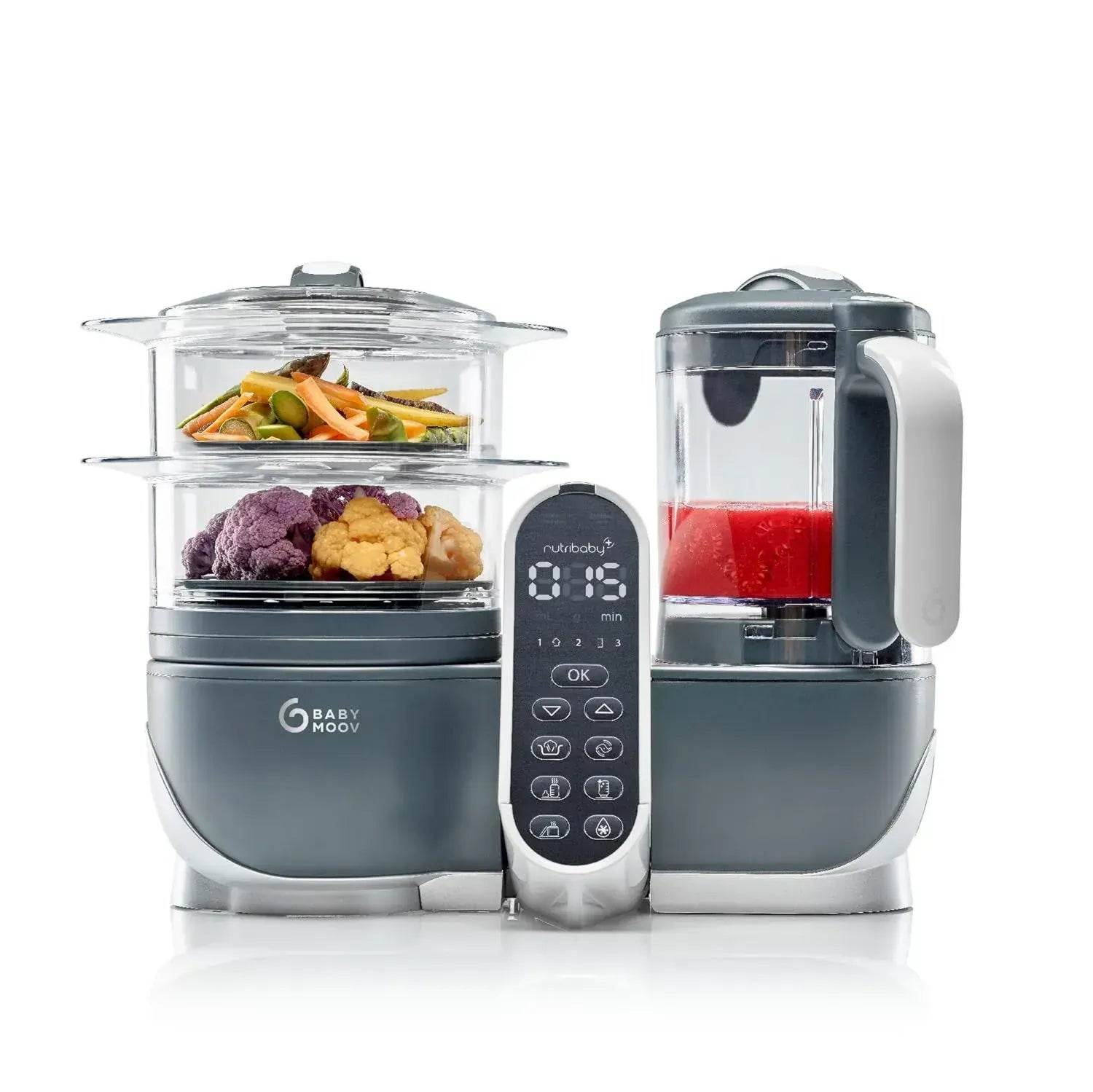 Babymoov Nutribaby Plus Grau - Multifunktionaler Babynahrungszubereiter, 2200ml, Dampfgaren, Mixen, Sterilisieren, Wärmen